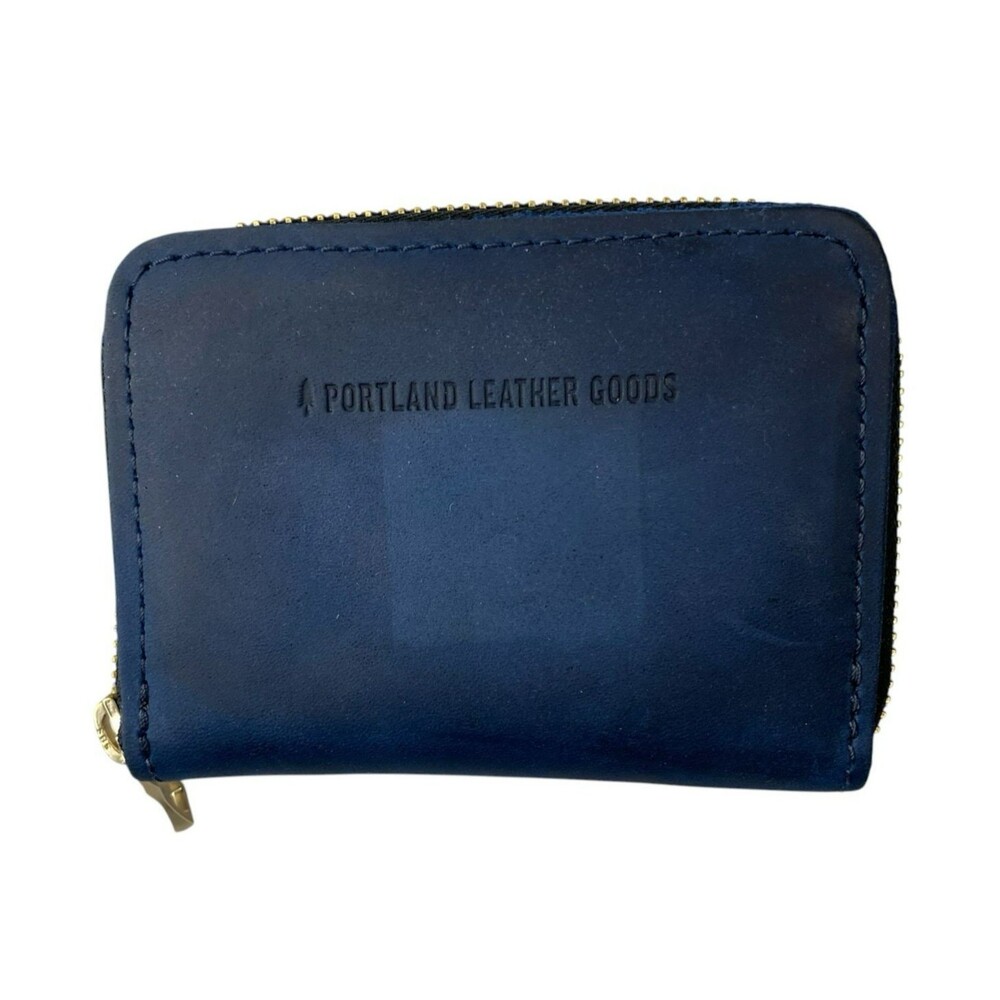 Portland Leather Goods Small Zip Wallet Deep Water Navy Blue Leather Brass